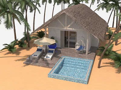 Tropical Palm Trees Surrounding Thatched Roof Hut On Beach With Pool And Lounge Chairs 3d model