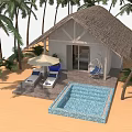 Tropical Palm Trees Surrounding Thatched Roof Hut On Beach With Pool And Lounge Chairs