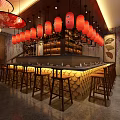 Japanese Restaurant Interior With Red Lanterns Umbrella Decor Bar Counter And Night View