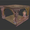 Ornate Furniture Piece Featuring Square Tabletop Arched Structure Columns Railing And Potted Plants