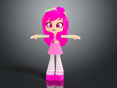 Cartoon Character with Pink Hair Green Headband Pink Dress Striped Socks Pink Shoes Arms Outstretched 3d model