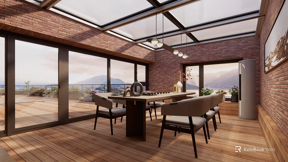 Modern Villa Balcony Featuring Glass Roof Large Windows Wooden Floor Long Table Chairs Mountain View 3d model 