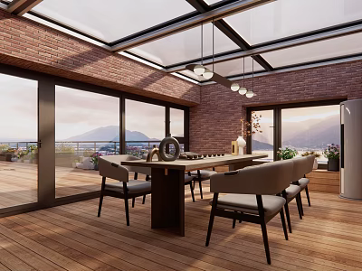 Modern Villa Balcony Featuring Glass Roof Large Windows Wooden Floor Long Table Chairs Mountain View 3d model