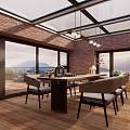 Modern Villa Balcony Featuring Glass Roof Large Windows Wooden Floor Long Table Chairs Mountain View