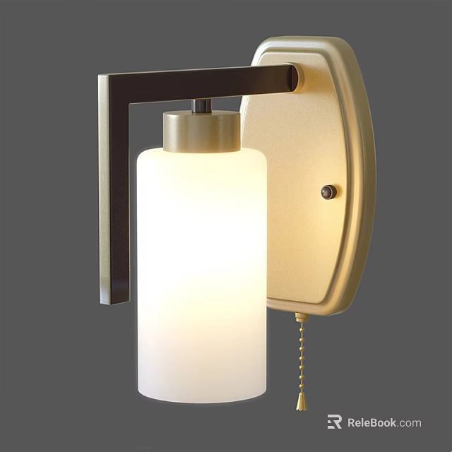 Modern Wall Lamp With White Glass Shade And Metal Frame Pull Chain Switch 3d model 