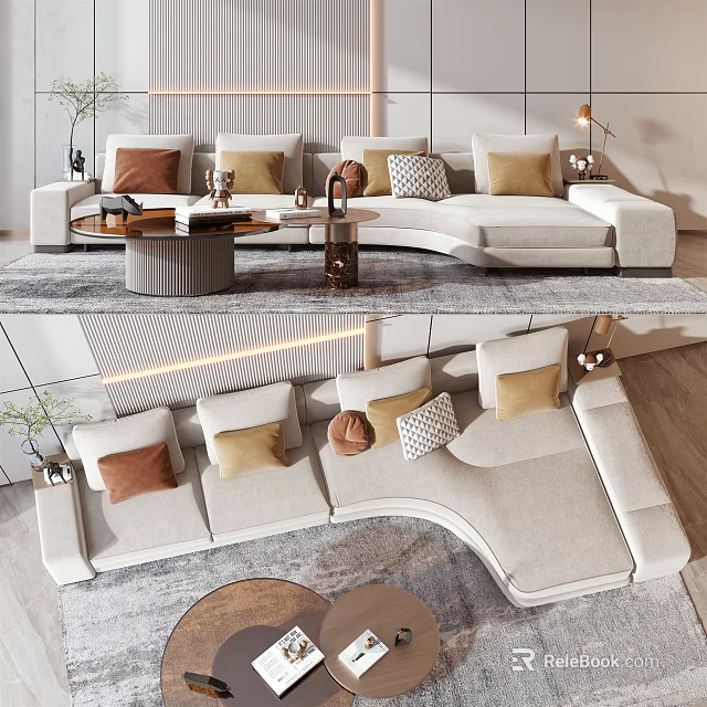 Modern Beige Sectional Sofa With Decorative Pillows Coffee Table And Lighting 3d model