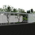 Modern White Slatted Pergola with Water Reflection and Green Trees in Garden