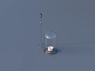 Transparent Glass Dome With Lit White Candle And Metal Slender Object On Light Blue Background 3d model