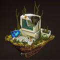 Creative Computer Scene With Green Plants Blue Accessory Keyboard On Floating Island 3d model
