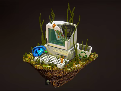 Creative Computer Scene With Green Plants Blue Accessory Keyboard On Floating Island 3d model