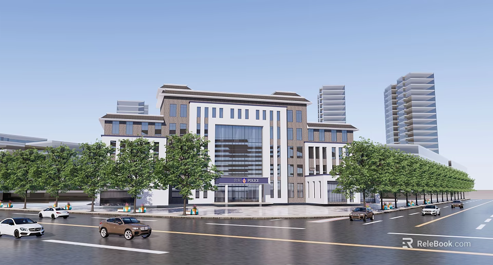 Modern Multi story Office Building Exterior With Glass Curtain Wall Surrounding Trees And Street Vehicles 3d model 