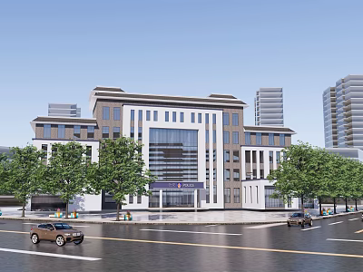 Modern Multi story Office Building Exterior With Glass Curtain Wall Surrounding Trees And Street Vehicles 3d model