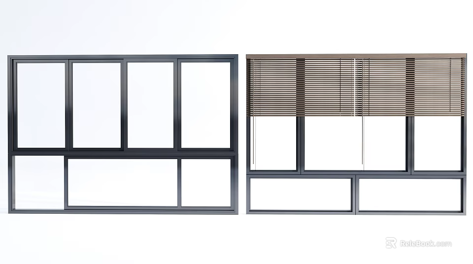 Modern Window Designs With Different Frame Styles And Roller Blinds 3d model 
