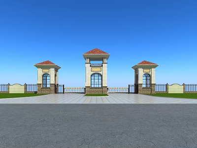Grand Gate Entrance With Three Towers Red Roofs Stone Walls Arched Doorways And Paved Square 3d model