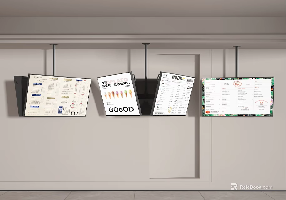 Commercial Hanging Menu Display Screens For Commercial Spaces With Multiple Menu Content Panels 3d model 