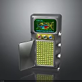 Retro Handheld Electronic Device With Silver Body Open Yellow Keypad Colorful Buttons And Green Screen