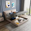 Beige Double Bed with Underbed Storage Drawers Blue Wall Decorative Paintings and Nightstand