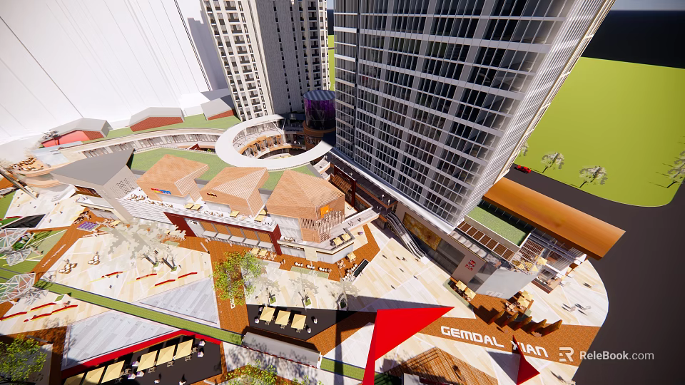 Modern Commercial Complex With Tall Buildings Open Plaza Dining Areas And Central Entrance 3d model 