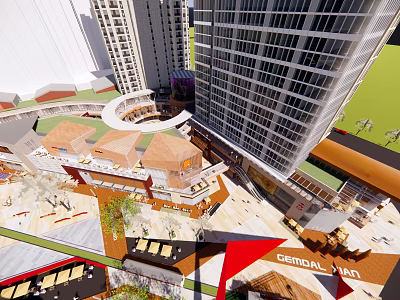 Modern Commercial Complex With Tall Buildings Open Plaza Dining Areas And Central Entrance 3d model