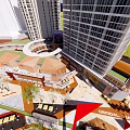 Modern Commercial Complex With Tall Buildings Open Plaza Dining Areas And Central Entrance