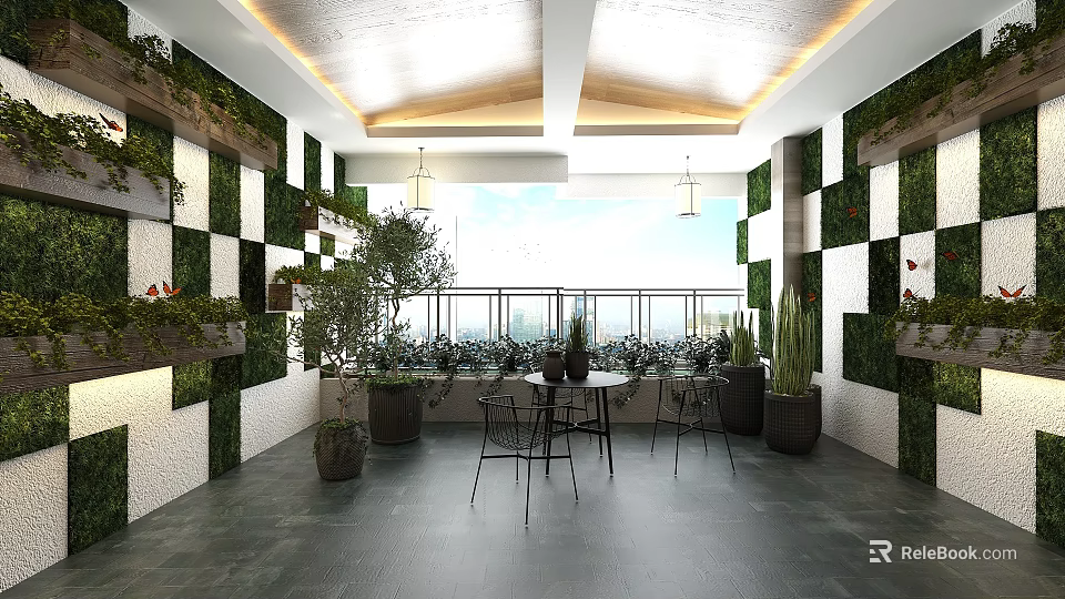 Modern Villa Balcony Design With Living Plant Walls Hanging Lights And Outdoor Seating 3d model 