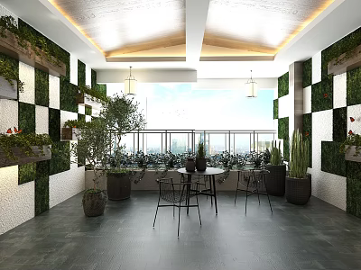 Modern Villa Balcony Design With Living Plant Walls Hanging Lights And Outdoor Seating 3d model