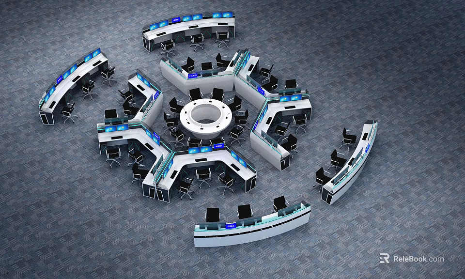 Office Desks in Circular Layout with Control Consoles Office Chairs and Blue Lighting 3d model 