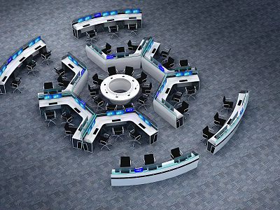 Office Desks in Circular Layout with Control Consoles Office Chairs and Blue Lighting 3d model