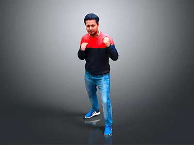 Man In Red Black Sweater Blue Jeans Blue Sneakers In Boxing Stance On Gray Background 3d model