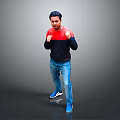 Man In Red Black Sweater Blue Jeans Blue Sneakers In Boxing Stance On Gray Background