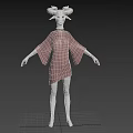 Game and Movie Character with Ram Horns White Skin Pink Asymmetric Dress on Black Background