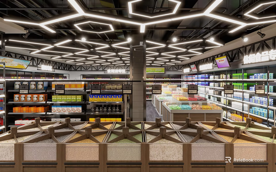 Modern Supermarket Interior Design With Various Product Shelves And Shopping Aisles 3d model 