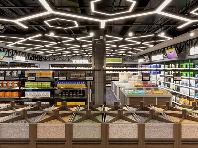 Modern Supermarket Interior Design With Various Product Shelves And Shopping Aisles 3d model