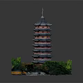 Traditional Chinese Multi tiered Pagoda with Curved Eaves Red Accents Surrounded by Green Plants
