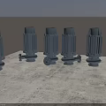 Five Gray Fire Fighting Pumps Placed On Concrete Platform With Dark Blue Background 3d model