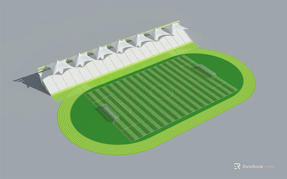 Modern Football Stadium With Green Grass Field Running Track And White Roofed Stands 3d model 