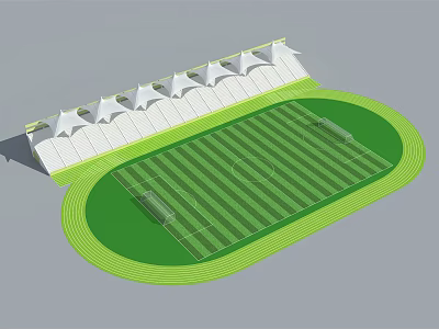 Modern Football Stadium With Green Grass Field Running Track And White Roofed Stands 3d model
