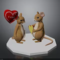 Cute Mice Figurine Holding Red Heart Balloon And Yellow Heart On White Hexagon Base