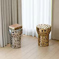 Silver and Golden Leaf Patterned Stools in Modern Interior with Wooden Floor and Curtains 3d model