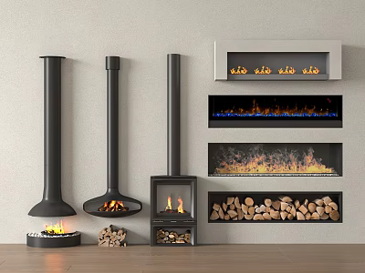 Different Styles of Modern Fireplaces Including Freestanding and Built-in Designs with Wood Pile 3d model