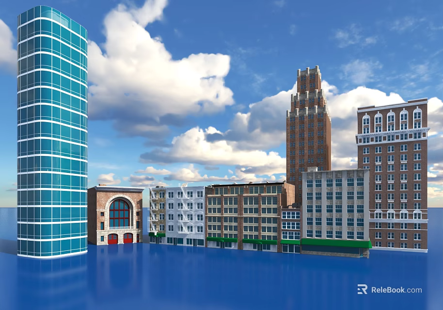 Various Building Styles Including Blue Glass High Rise Red Brick White Buildings and Water Reflection 3d model 