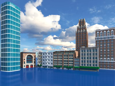 Various Building Styles Including Blue Glass High Rise Red Brick White Buildings and Water Reflection 3d model