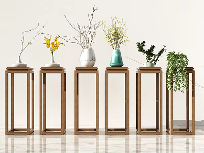 Various Vases With Flowers On Wooden Stands For Interior 3d model