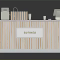 Wooden Striped Design Counter With BOTANIQ Sign Faucet Coffee Machine And Cup