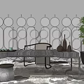 Elegant Tea Table And Chairs With Circular Pattern Screen Potted Plant And Stool