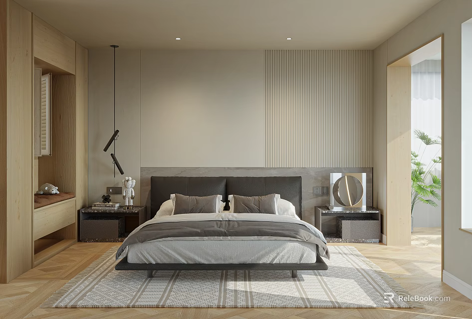 Modern Bedroom Interior Featuring Gray Headboard Wooden Floor Striped Wall And Area Rug 3d model 