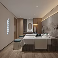 Modern SPA Sauna Interior Design With Massage Bed Palm Tree Art And Wooden Elements