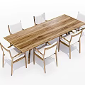 Wooden Rectangular Dining Table Set With Six White Chairs And Decorative Chandelier