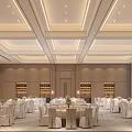 Elegant Spacious Modern Banquet Hall With Neat Dining Sets And Warm Ceiling Lighting For Events
