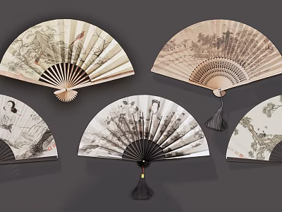 Decorative Traditional Chinese Fan Pendants With Artistic Paintings And Hanging Design 3d model